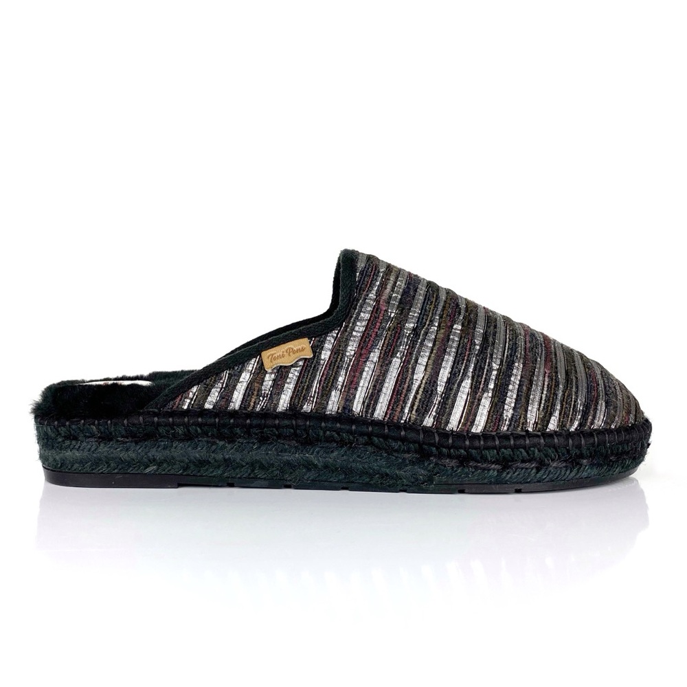Toni Pons Women's Striped Mysen Faux Fur Espadrille Slippers Black & Silver